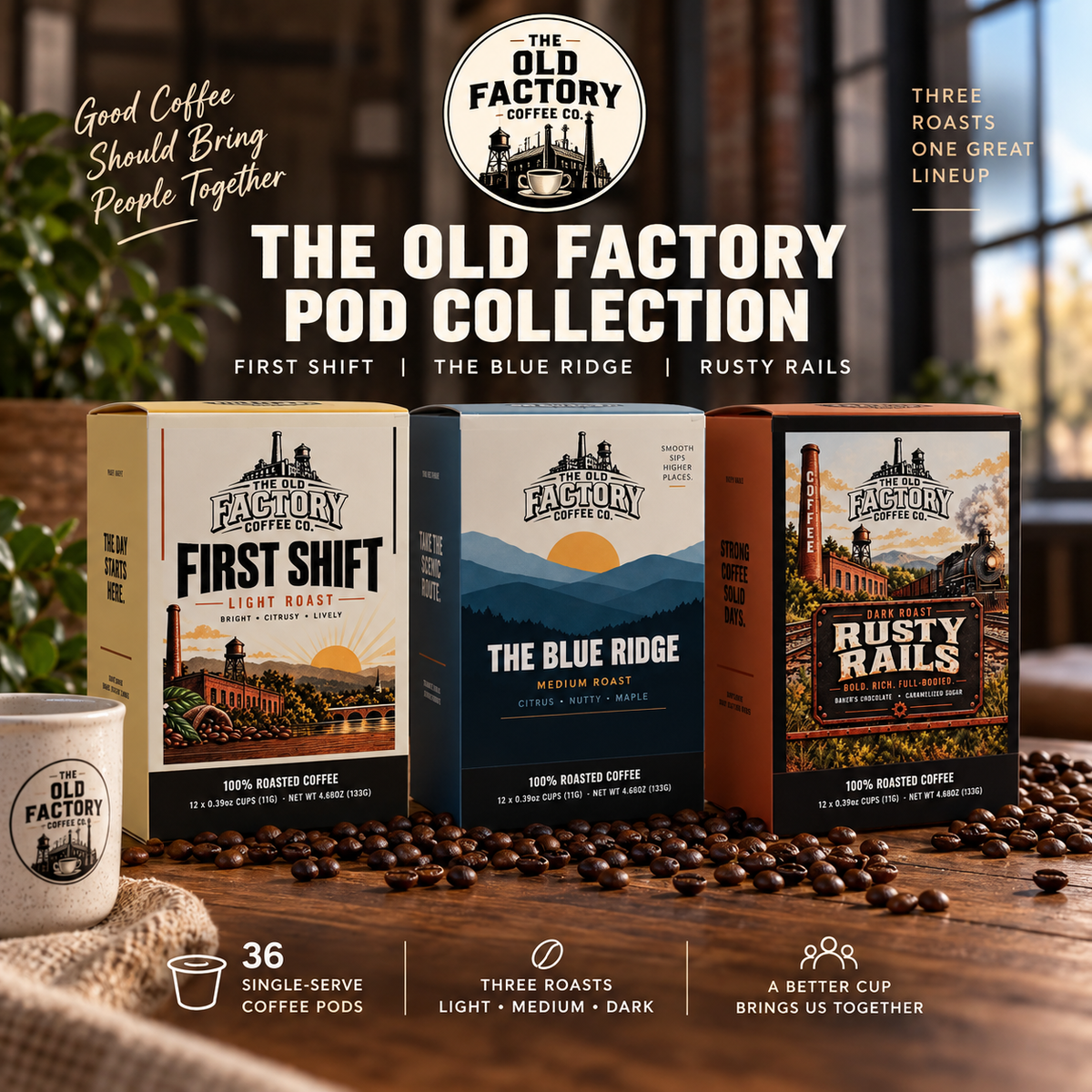 The Old Factory Pod Collection with First Shift, The Blue Ridge, and Rusty Rails 12-pod boxes