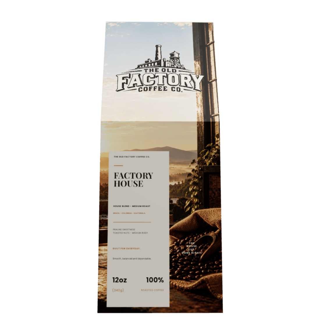 Factory House Blend medium-roast coffee box from The Old Factory Coffee Co.; available whole bean or ground.