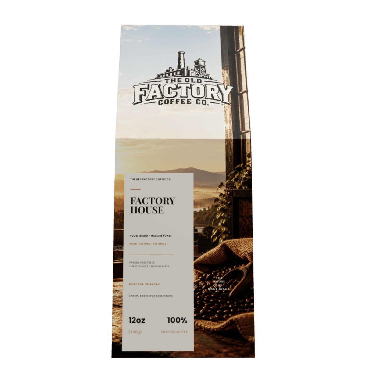 Factory House Blend medium-roast coffee box from The Old Factory Coffee Co.; available whole bean or ground.