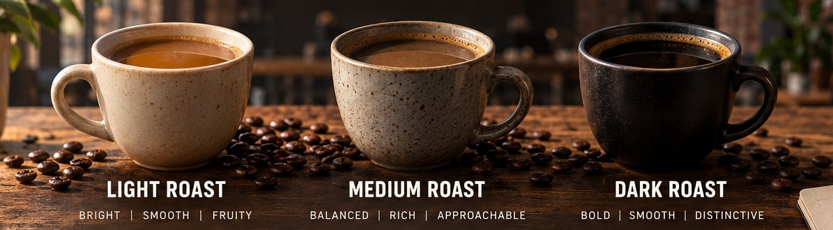Three cups representing light, medium and dark roast coffee at The Old Factory Coffee Co.