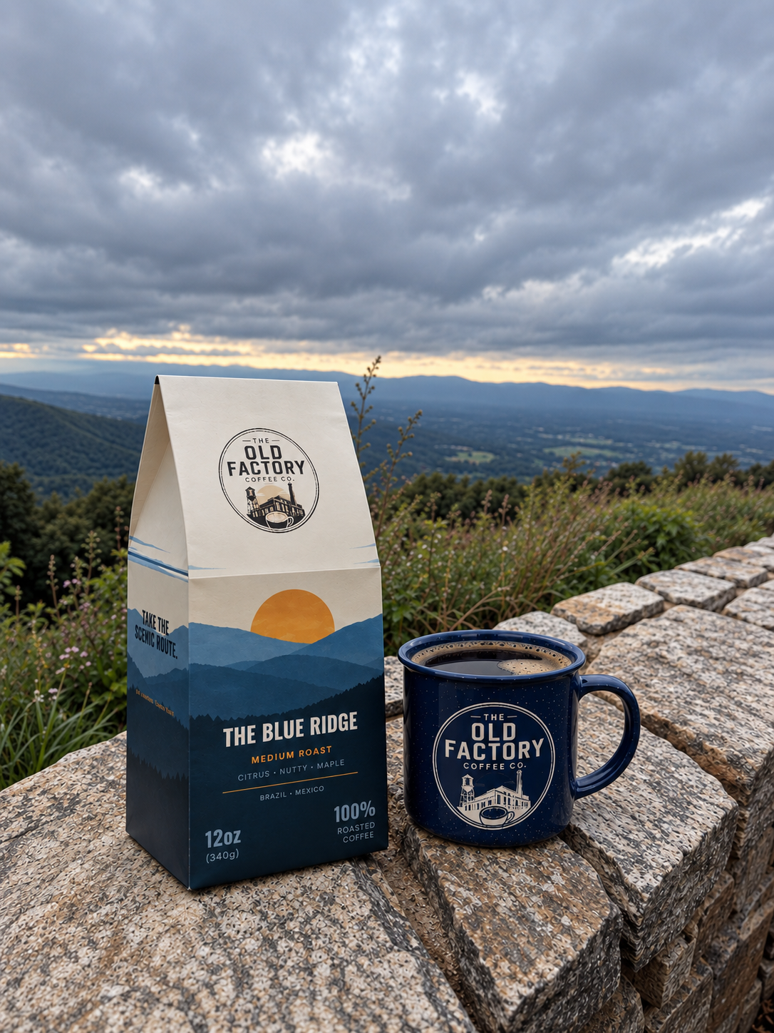The Blue Ridge coffee bag and Old Factory mug overlooking the Blue Ridge Mountains