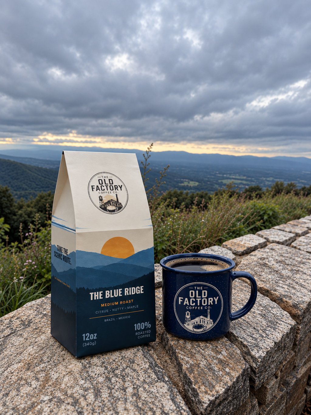 The Blue Ridge coffee bag and Old Factory mug overlooking the Blue Ridge Mountains