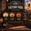 The Factory Four coffee bundle from The Old Factory Coffee Co., featuring First Shift, Factory House, Rusty Rails, and After Hours represented by four industrial gauges.