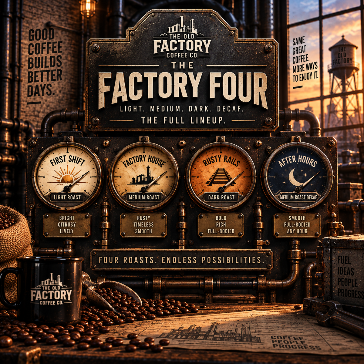 The Factory Four coffee bundle from The Old Factory Coffee Co., featuring First Shift, Factory House, Rusty Rails, and After Hours represented by four industrial gauges.